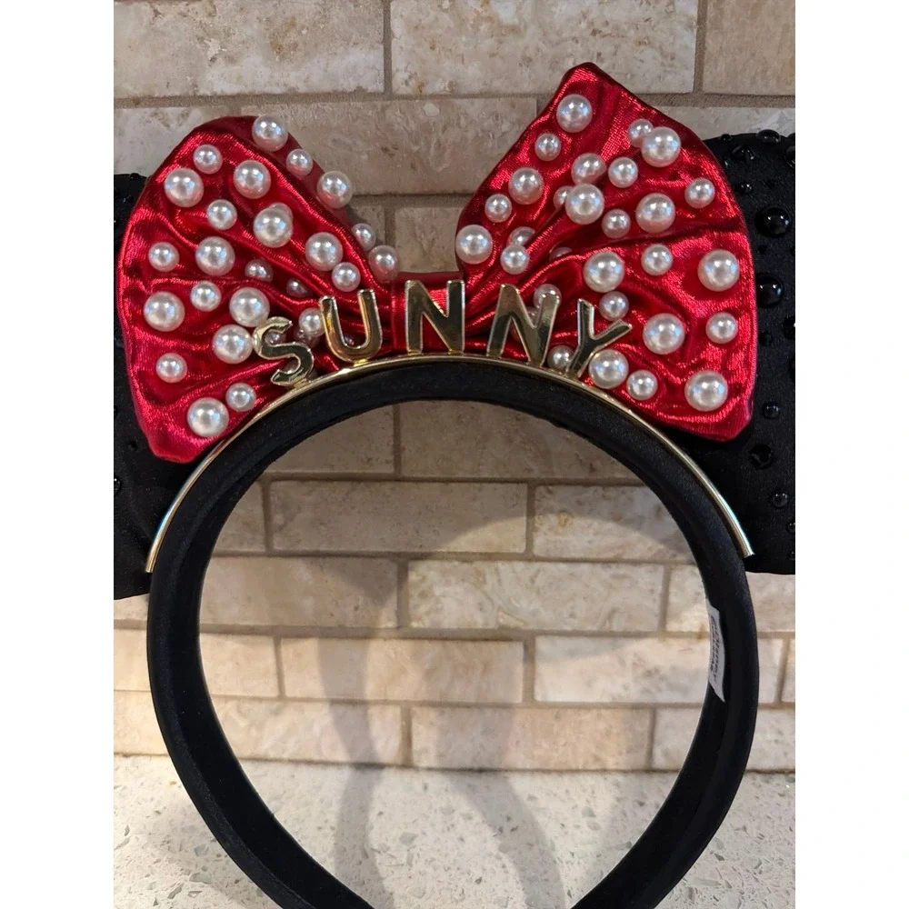 Disney BaubleBar Pearl Minnie Mouse Ears Red Bow Black Headband sunny